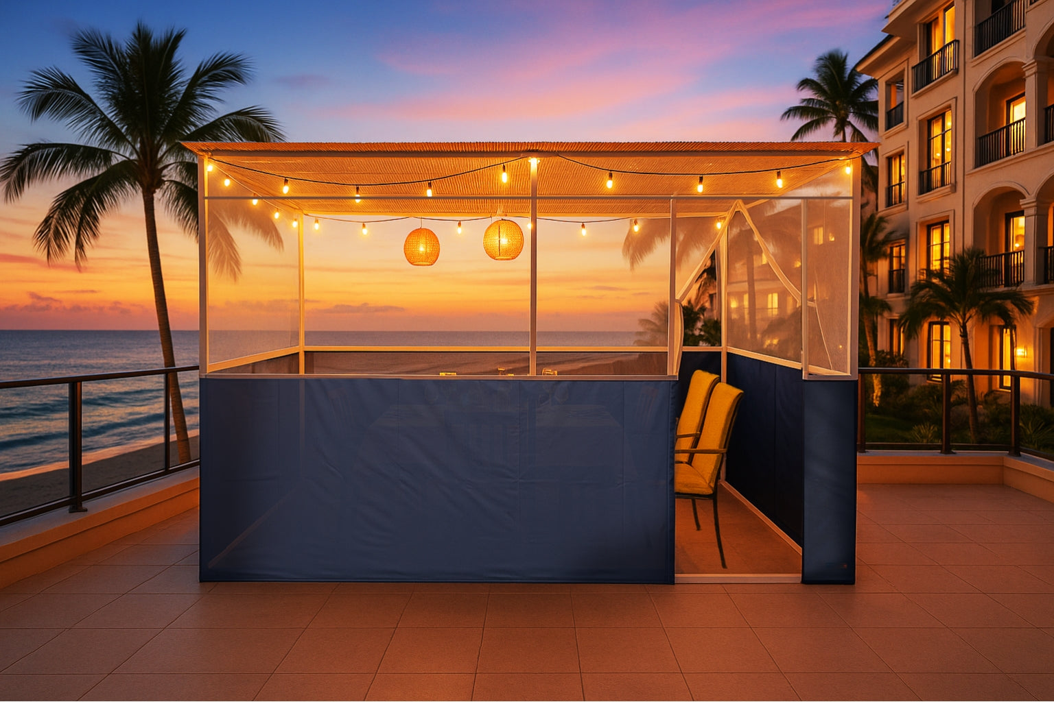 sukkah area with a canopy overlooking the ocean at sunset.