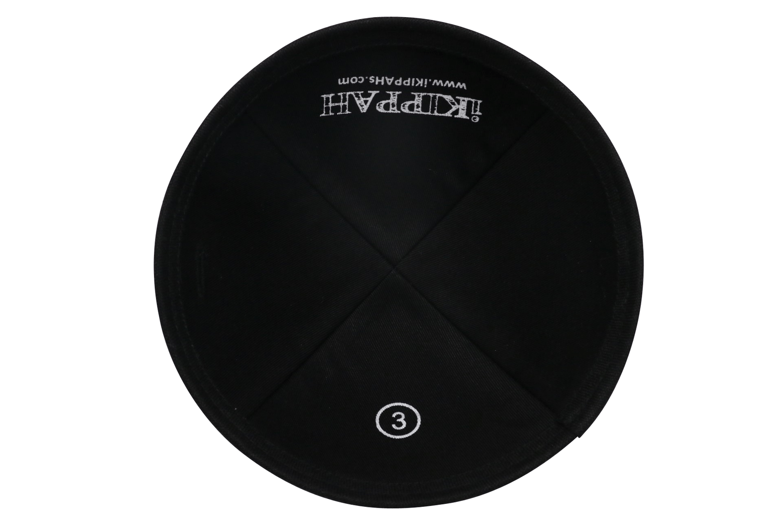 A gray iKIPPAH brand yarmulke with a black bottom rim inside view.