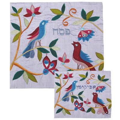 Raw Silk Matzah Cover Birds (EM-MAS-B)