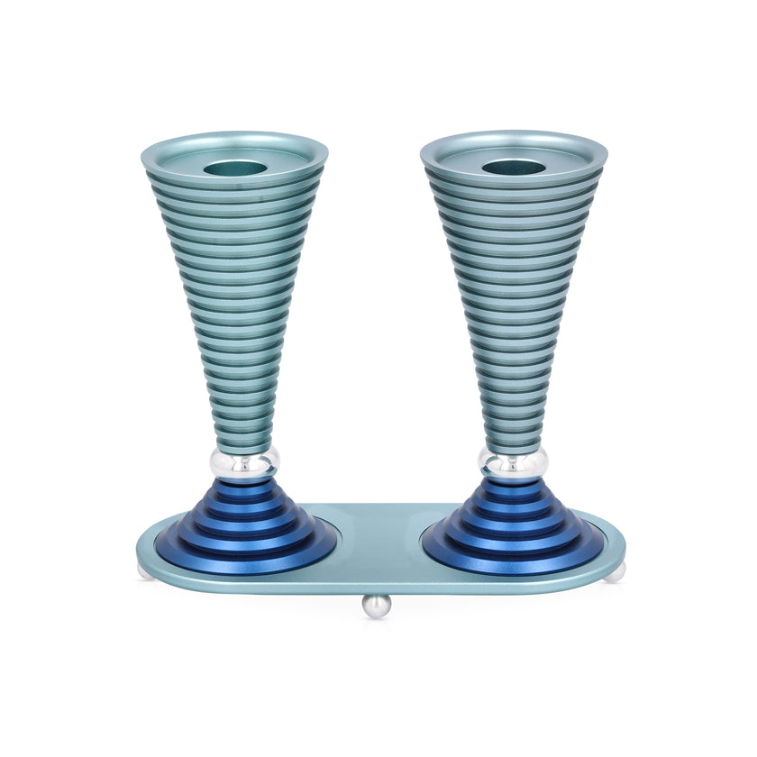 Round Shabbat Candlesticks - Grooved Blue