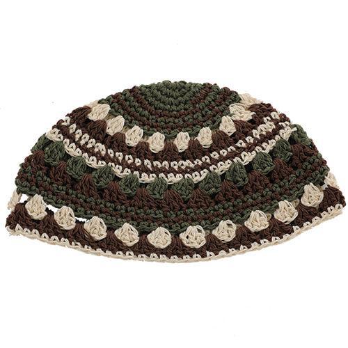 Frik Kippah 23 Cm- Beige-brown-olive Green Striped Design