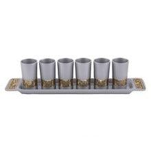 Emanuel Anodized Aluminum Set of 6 Liquor Cups and Tray with Metal Cutout Design Silver