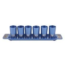 Emanuel Anodized Aluminum Set of 6 Liquor Cups and Tray with Metal Cutout Design Blue