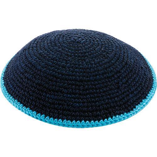 Knitted DMC Kippah 12 cm, Dark Blue with Light Blue Line