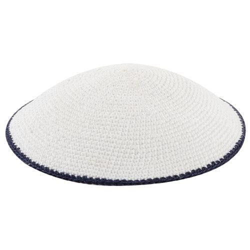 Knitted DMC Kippah 14 cm, White with Dark Blue Line