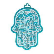 Emanuel Anodized Aluminum Hamsa with Jerusalem Cutout Turquoise
