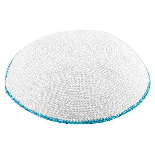 Knitted DMC Kippah 10 cm, White with Light Blue Line