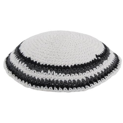 Knitted Kippah 16cm- White With Colors Rim