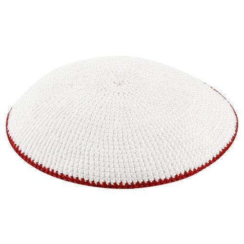 Knitted DMC Kippah 10 cm, White with Dark Red Line