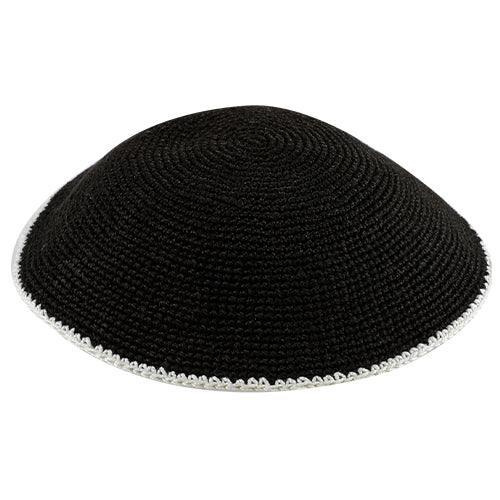 Knitted DMC Kippah 14 cm, Black with Off-White Line