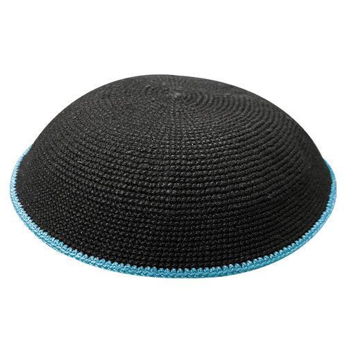 Knitted DMC Kippah 10 cm, Black with Light Blue Line