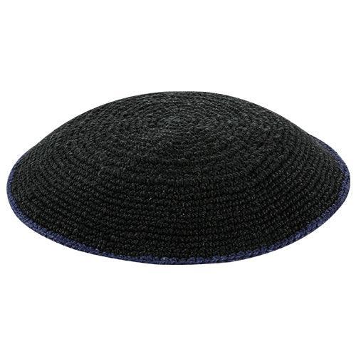Knitted DMC Kippah 12 cm, Black with Dark Blue Line