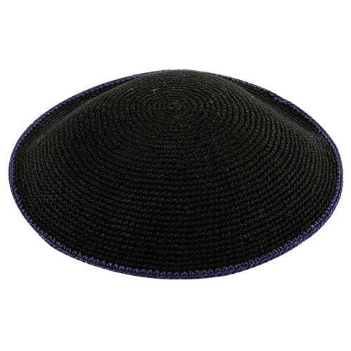 Knitted DMC Kippah 14 cm, Black with Dark Blue Line
