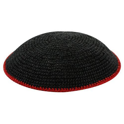 Knitted DMC Kippah 12 cm, Black with Dark Red Line