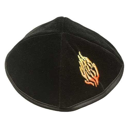 Velvet Plush Black Kippah 4 Parts, 19 cm Size 3 with Rim and Embroidery