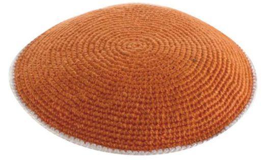Knitted Flat DMC Kippah 9 Cm- Orange  With White Around