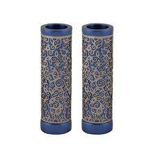 Emanuel Round Candlesticks w/ Full Metal Cutout Blue