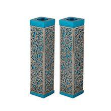 Emanuel Tall Square Candlesticks w/ Full Metal Cutout Turquoise