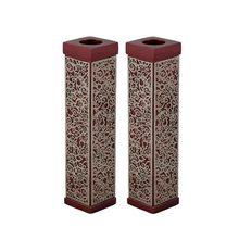 Emanuel Tall Square Candlesticks w/ Full Metal Cutout Maroon
