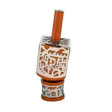 Emanuel Small Anodized Aluminum Dreidel with Metal Cutout Jerusalem-- Orange