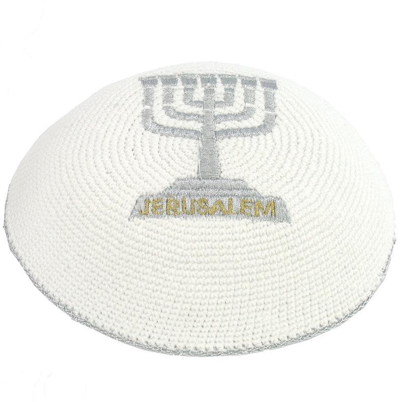 White Knitted Kippah 16.5 cm with  Silver Menorah Embroidery