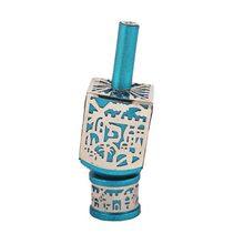 Emanuel Large Anodized Aluminum Dreidel with Metal Cutout Jerusalem-- Turquoise