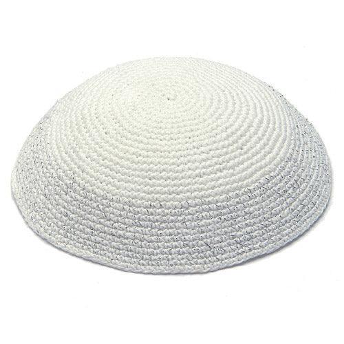 Knitted Kippah 15 cm- White with Silver Line