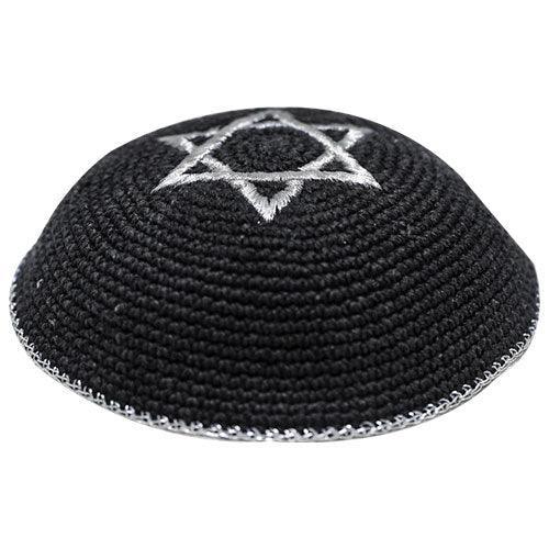 Knitted Kippah 16 cm- Black with Silver Magen David Embroidery