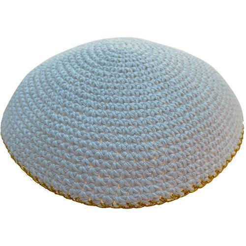Knitted Kippah 15 cm- White with Golden Line