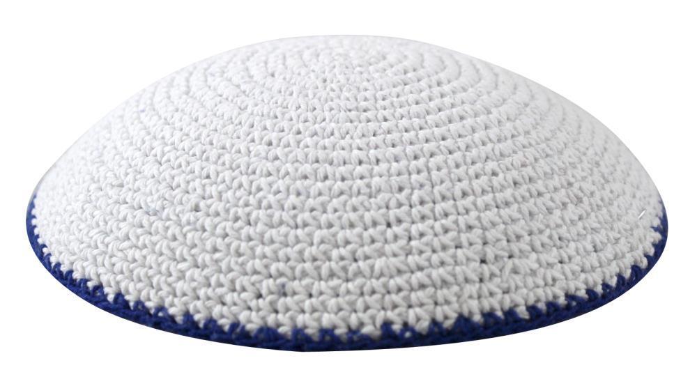 Knitted Kippah 15 cm- White with Blue Line