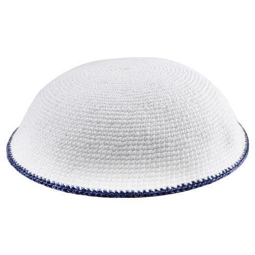 Knitted Kippah 17 cm- White with Blue Line