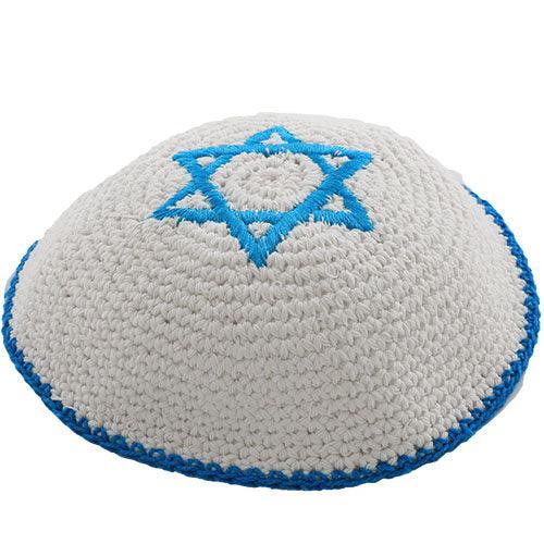 Knitted Kippah 16 cm- White with Blue Magen David Embroidery