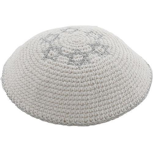 Knitted Kippah 16 cm- White with Silver Magen David Embroidery