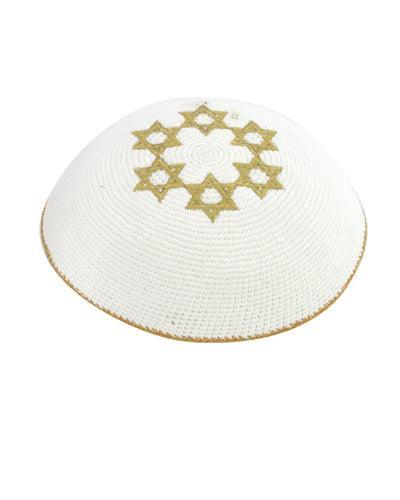 Knitted Kippah 16 cm- White with Golden Magen David Embroidery