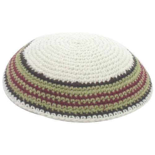 KNITTED KIPPAH 16 CM- WHITE WITH COLORS AROUND