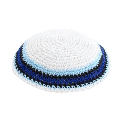 KNITTED KIPPAH 18 CM- WHITE WITH BLUE AROUND