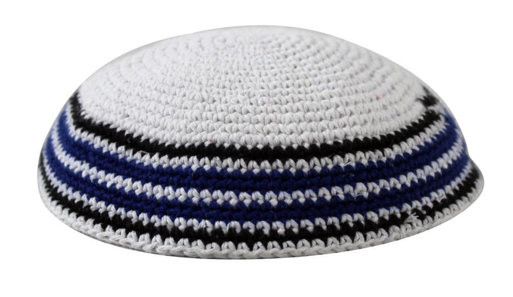 KNITTED KIPPAH 18 CM- WHITE WITH BLUE-BLACK AROUND