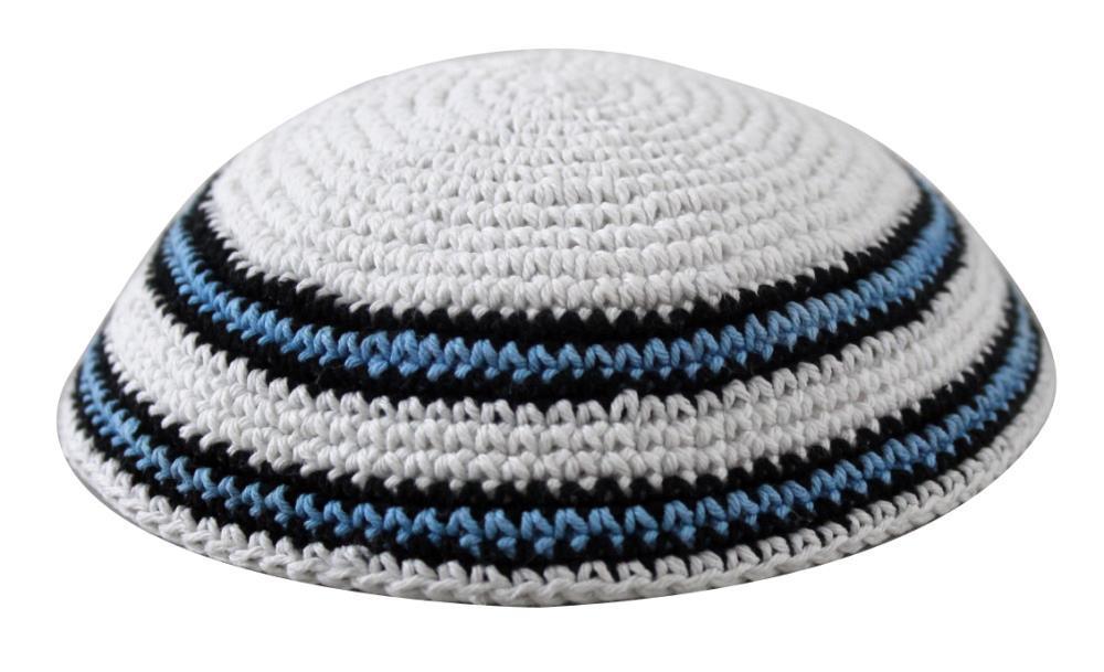 KNITTED KIPPAH 18 CM- WHITE WITH BLUE-BLACK STRIPES