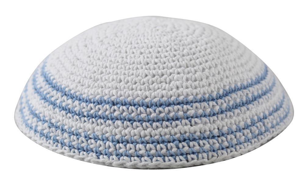 KNITTED KIPPAH 18 CM- WHITE WITH L. BLUE STRIPES