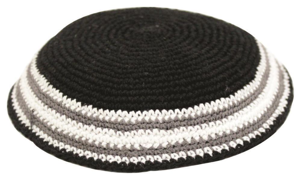 KNITTED KIPPAH 18 CM- BLACK WITH WHITE & GRAY AROUND