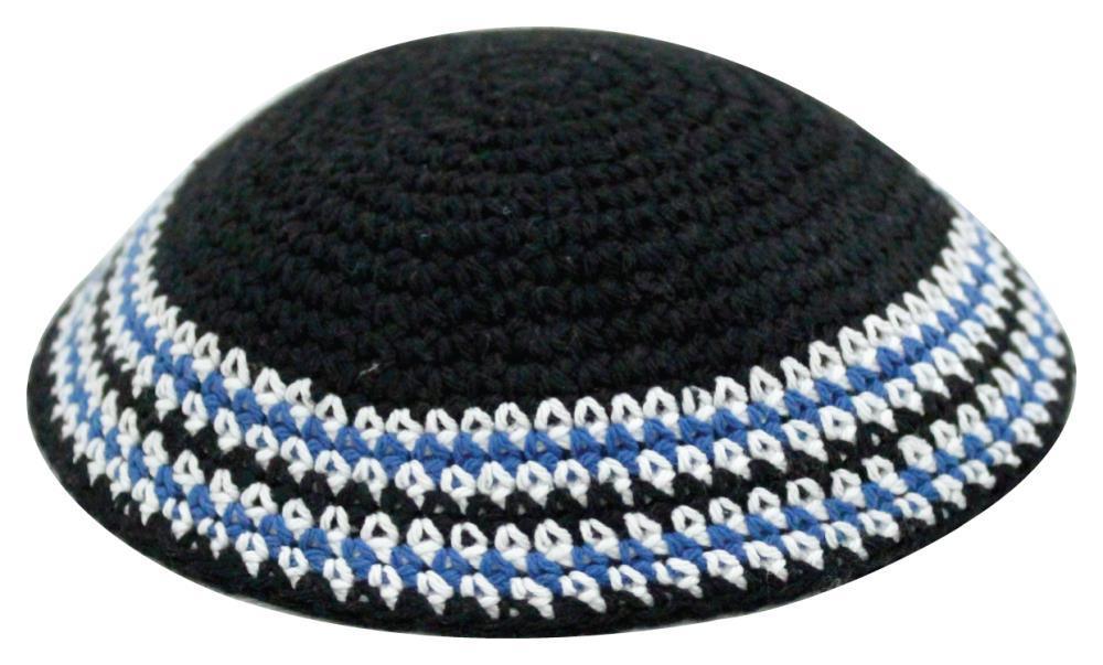 KNITTED KIPPAH 16 CM- BLACK WITH BLACK & GREEN STRIPES
