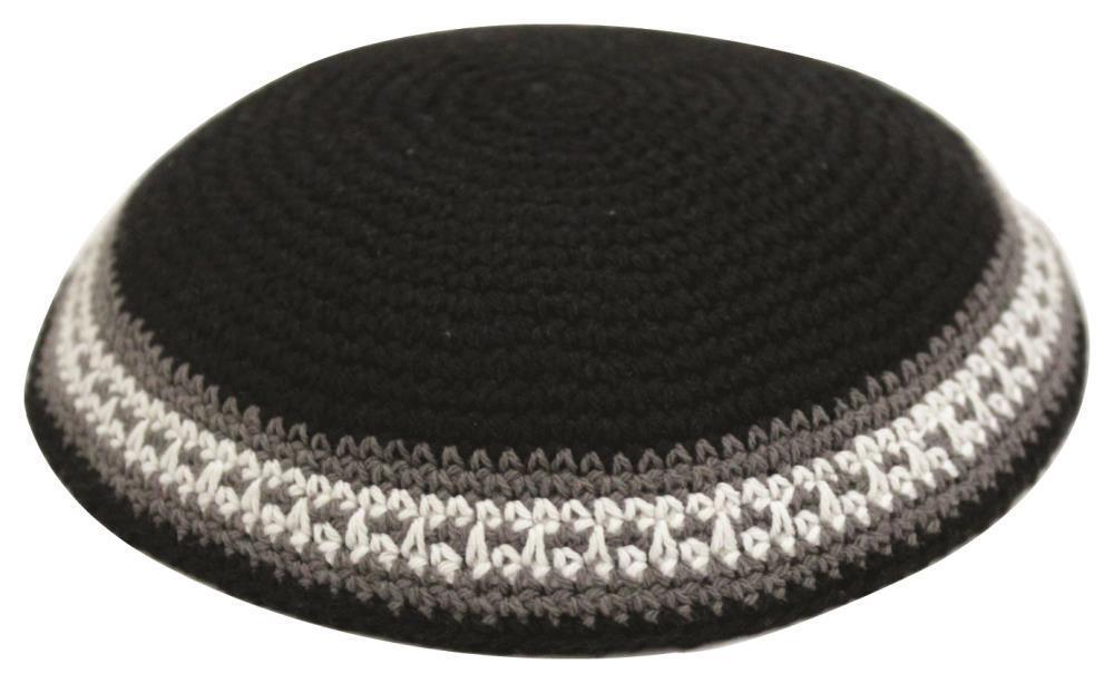 KNITTED KIPPAH 18 CM- BLACK WITH GRAY & WHITE STRIPE