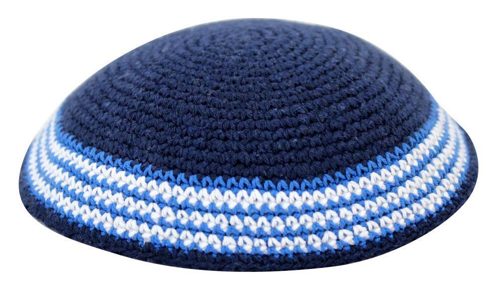 KNITTED KIPPAH 16 CM- BLUE WITH BLUE & BLACK AROUND