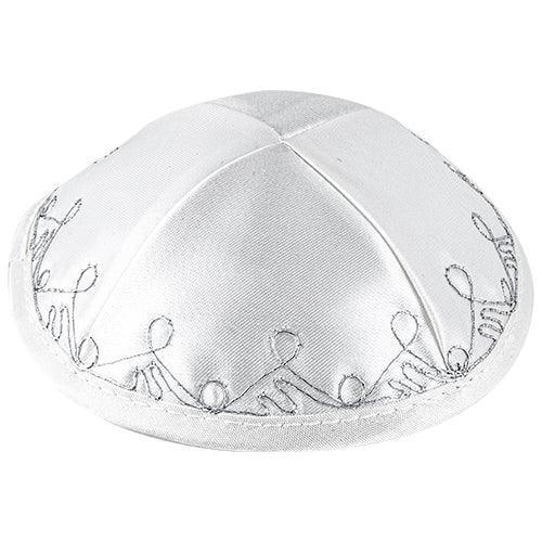 Satin Kippah 16 Cm- White With Floral Design