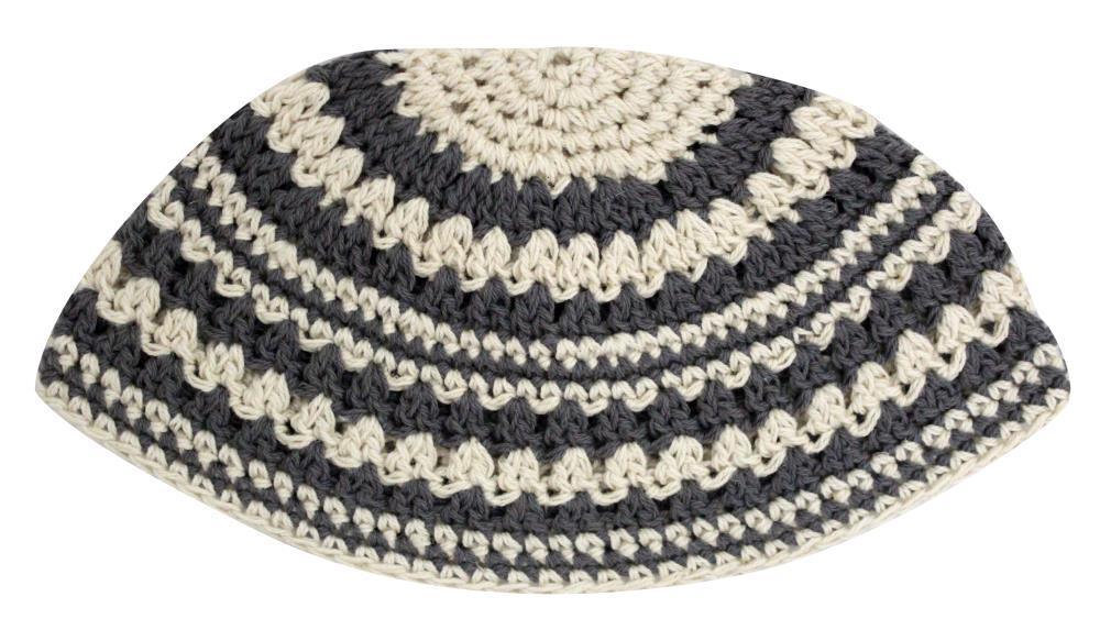 Frik Kippah 21 Cm- Thick Knitted- Gray And Beige Striped Design