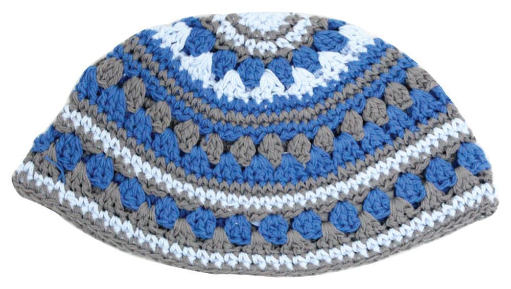Frik Kippah 21 Cm, Turquise Gray And White Striped Design