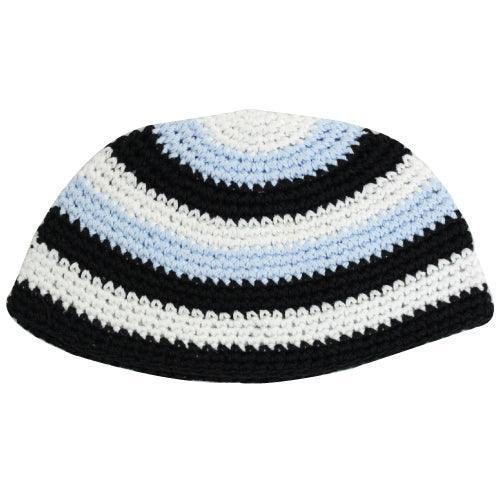 Frik Kippah 21 Cm, Light Blue, Black And White Striped Design