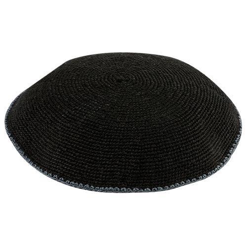 Knitted Dense 14 cm DMC Kippah, Black with Gray Line