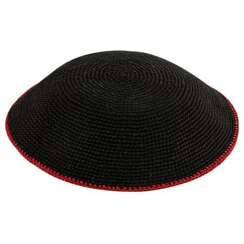 Knitted Dense 20 cm DMC Kippah, Black with Dark Red Line