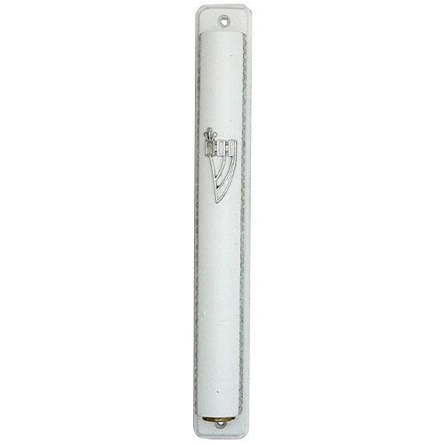 Semiround Wooden Mezuzah 12cm- White With Chain Design